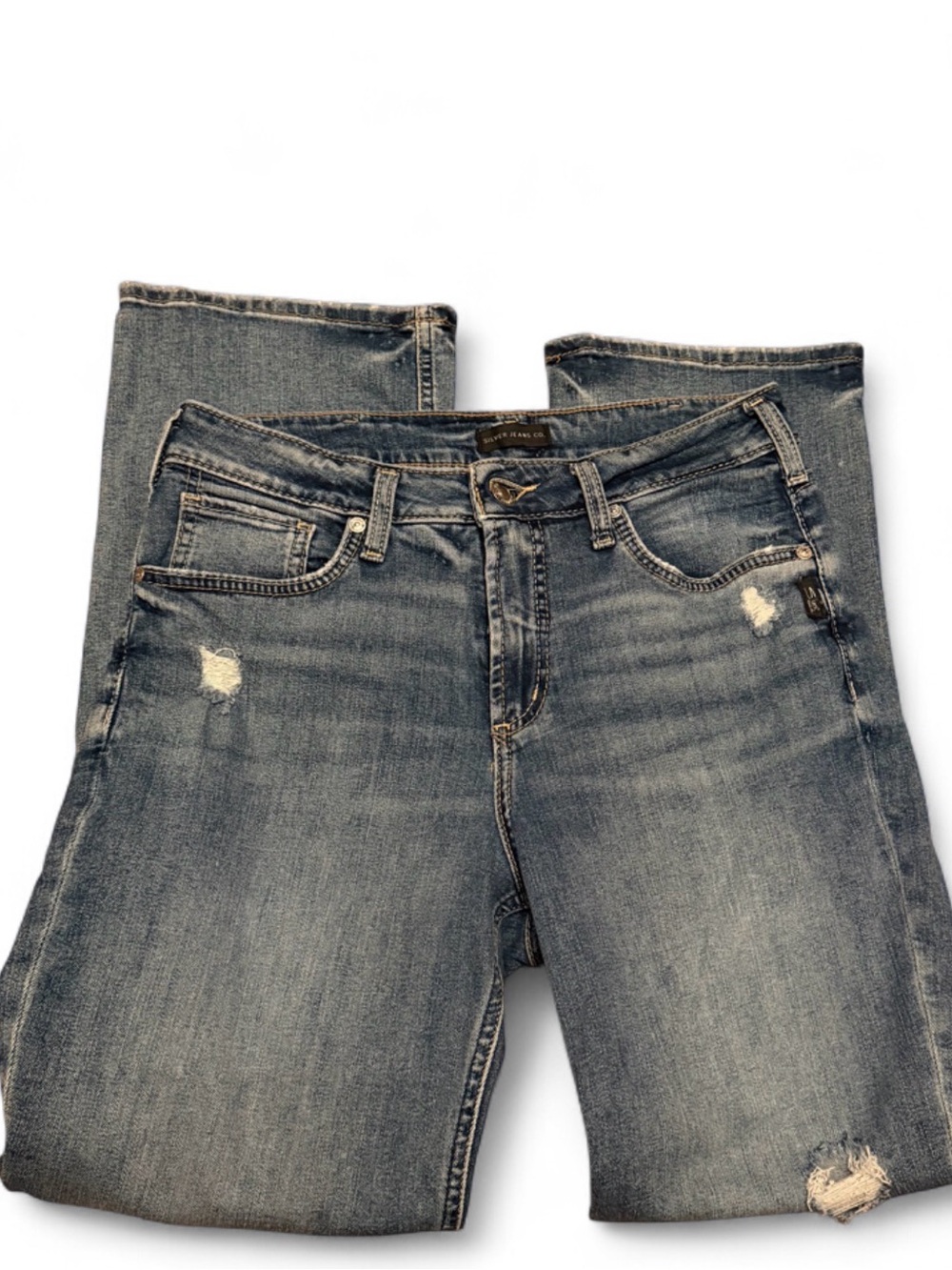 Silver Jeans Women's Straight Leg Faded Blue Distressed Denim